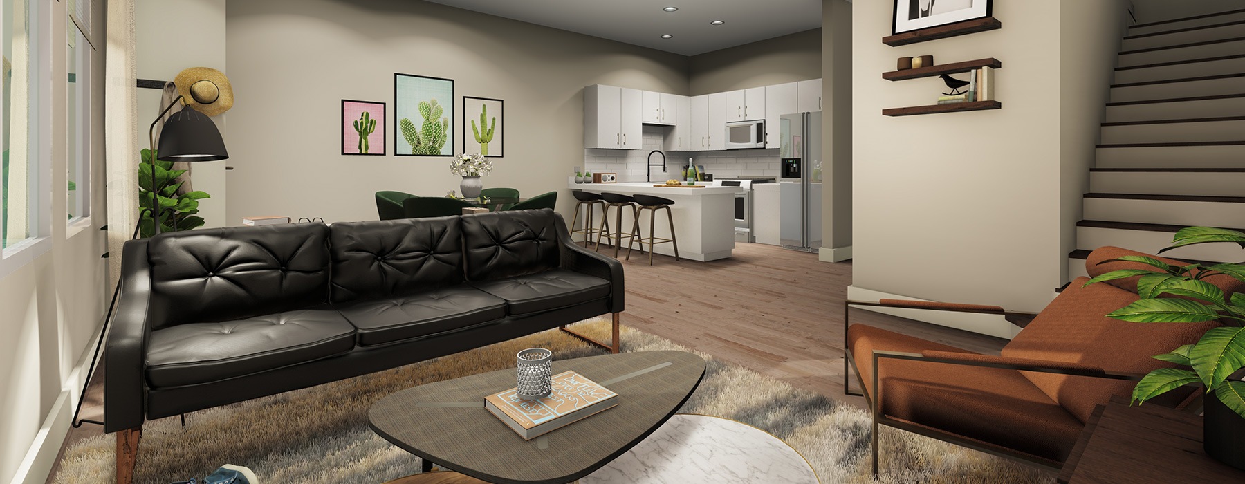 rendering of a spacious living room that shows the kitchen and stairs