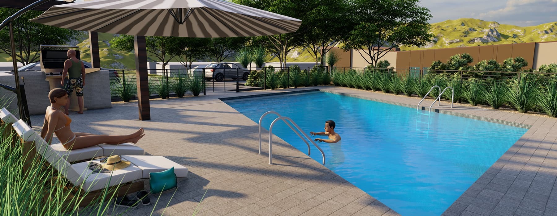 rendering of pool showing hillside views, ample space and seating with tropical landscaping